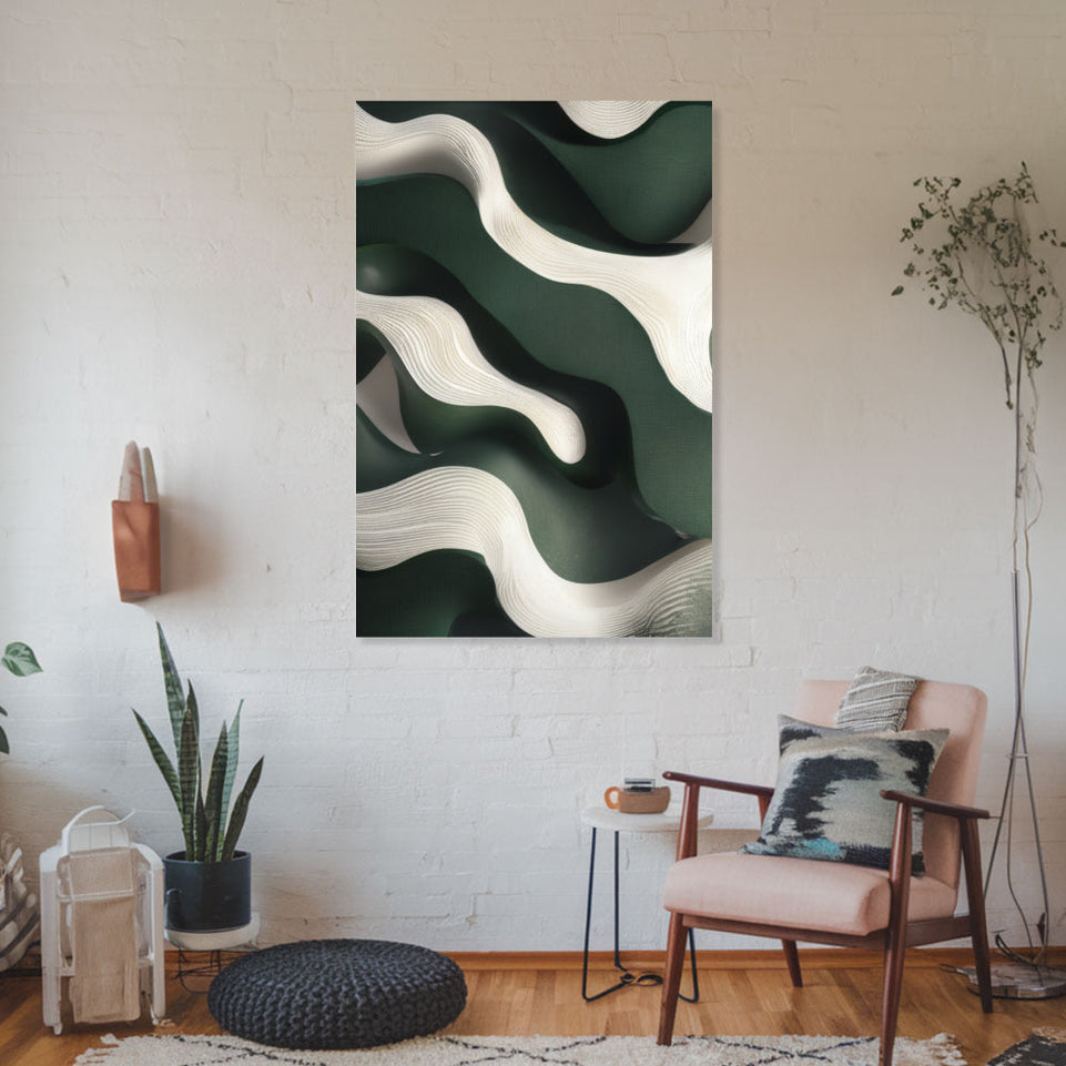 Abstract Waves in Emerald Green and White Canvas Art June Wall Art