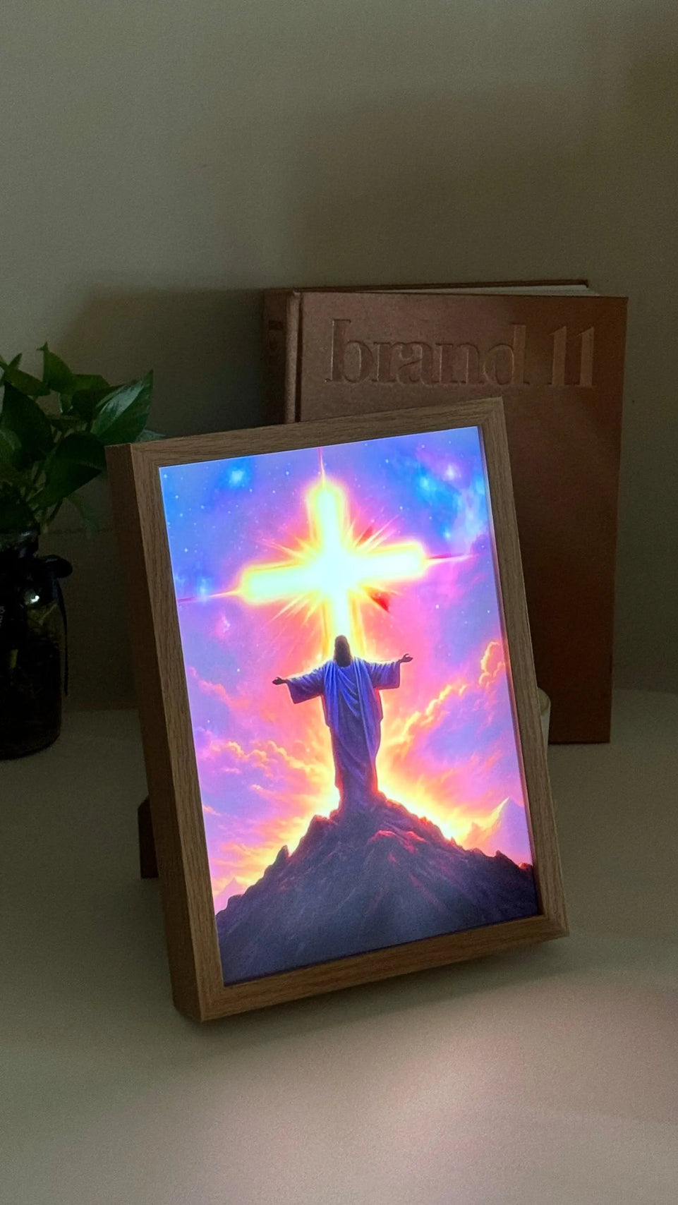 Radiant Christ with Glowing Cross on Mountain - Inspirational Christian Painting Lamp June Wall Art