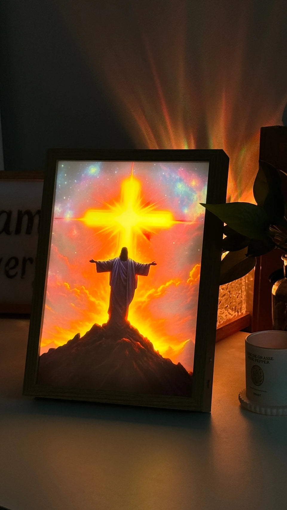 Radiant Christ with Glowing Cross on Mountain - Inspirational Christian Painting Lamp June Wall Art