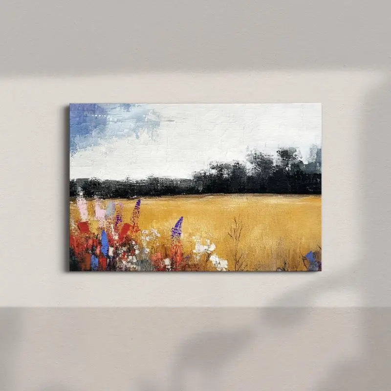 Abstract Wildflowers and Wheat Field Canvas Print - Colorful Landscape Wall Art for Modern Rustic Decor June Wall Art