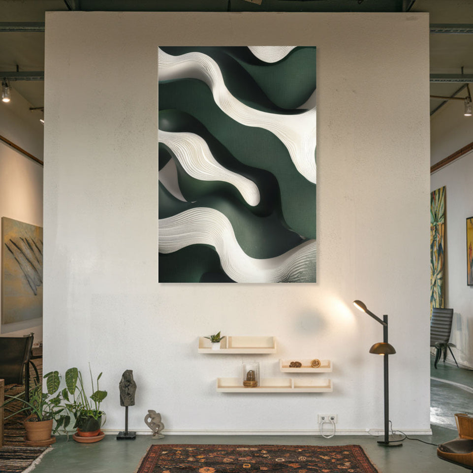 Abstract Waves in Emerald Green and White Canvas Art June Wall Art
