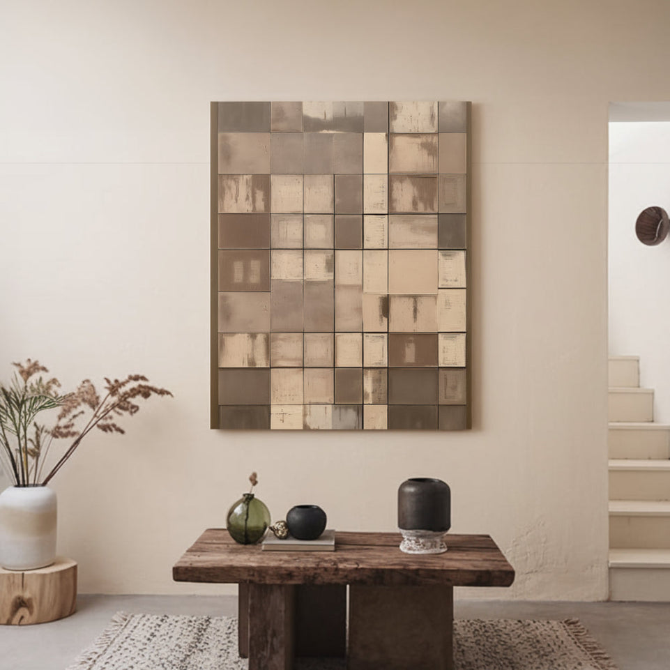Abstract Grid I - Brown and Beige Squares Canvas Art for Home Decor June Wall Art