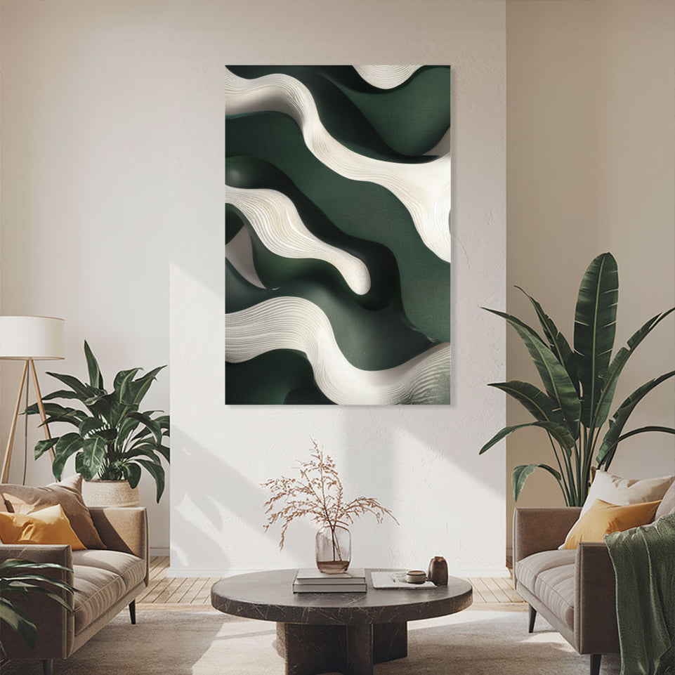 Abstract Waves in Emerald Green and White Canvas Art June Wall Art