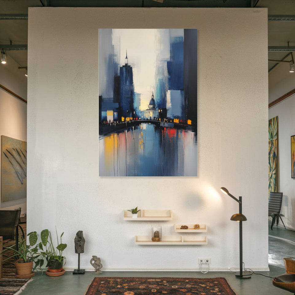 City Reflections in Blue Abstract Art Canvas Wall Art for Home Decor June Wall Art