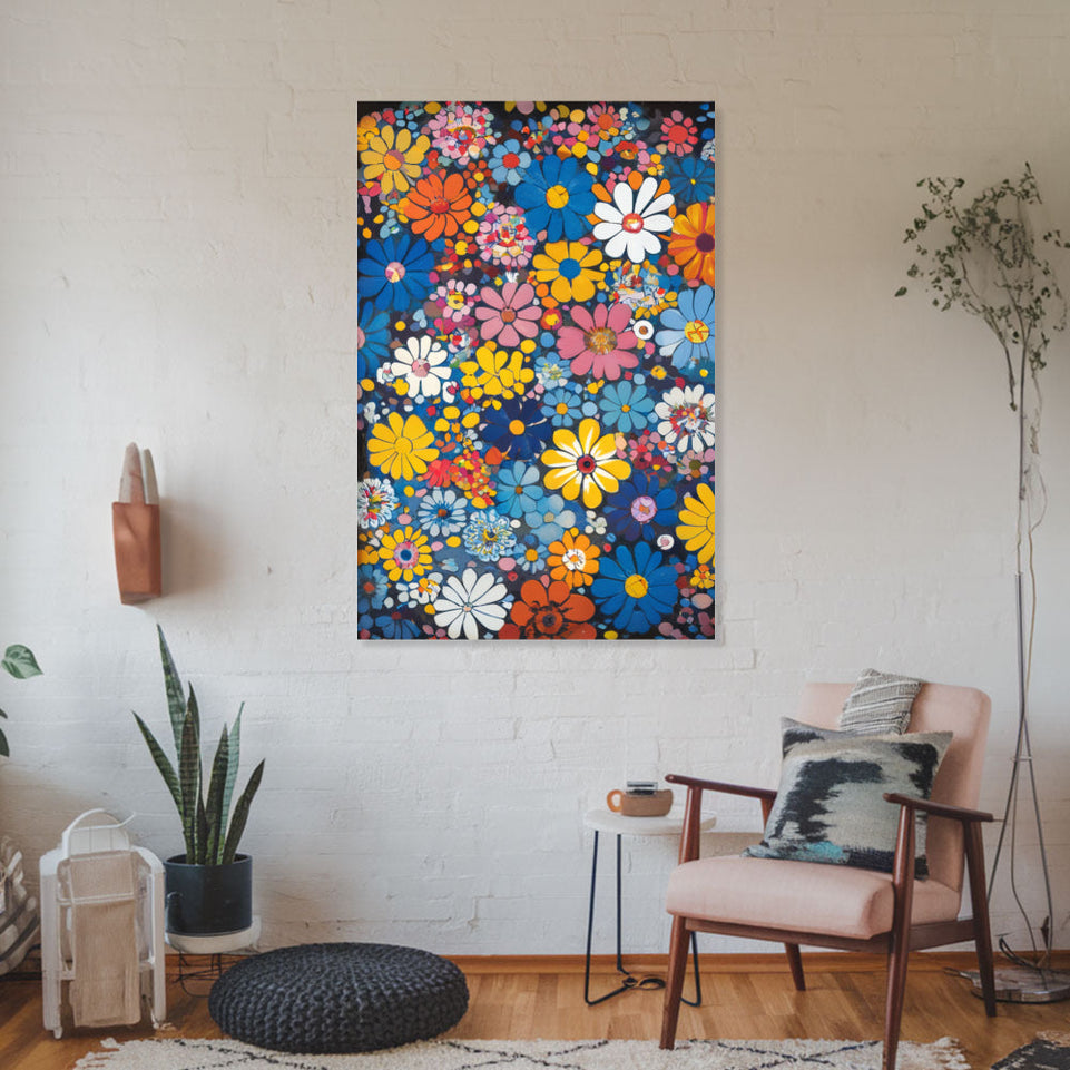 Floral Symphony in Blue and Orange Garden Wall Art June Wall Art