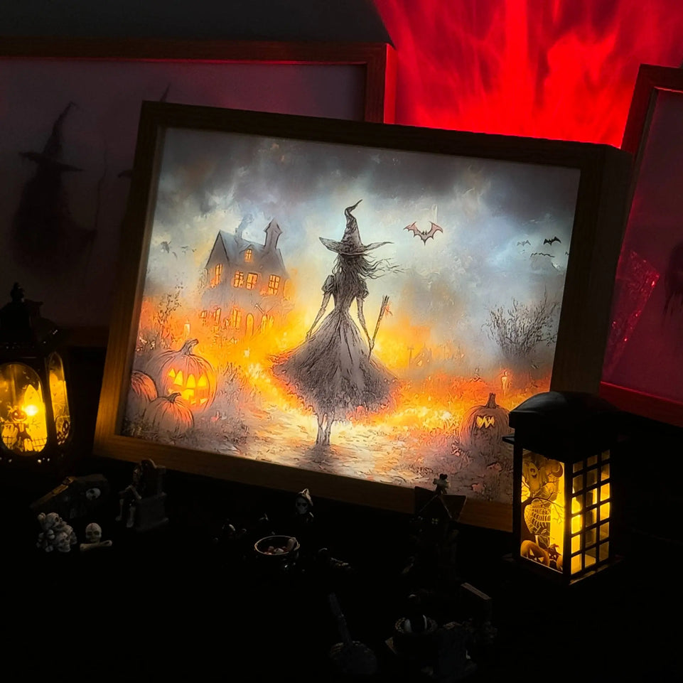 Witch’s Night Light Up Painting – Spooky Halloween Framed Wall Art for Home Decor June Wall Art