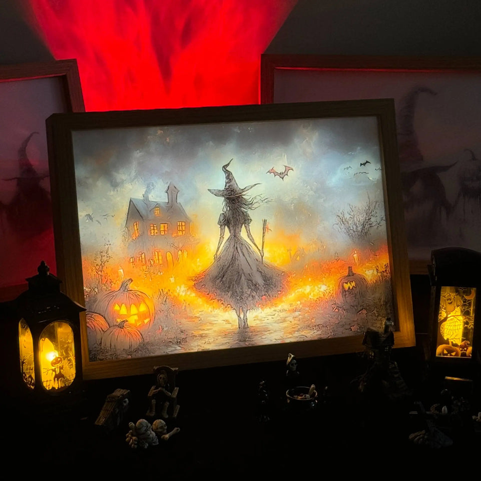 Witch’s Night Light Up Painting – Spooky Halloween Framed Wall Art for Home Decor June Wall Art