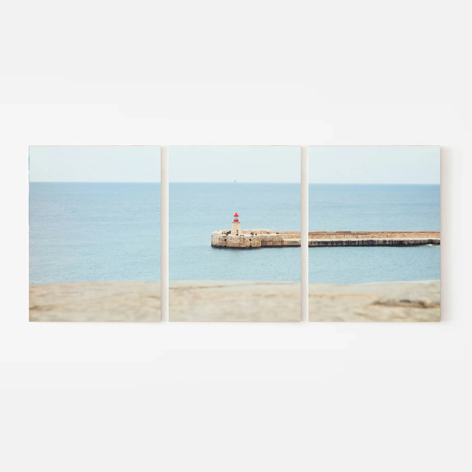 Coastal Lighthouse Canvas Print - Triptych Wall Art | Serene Ocean View with Lighthouse | 3-Panel Split Canvas Decor June Wall Art