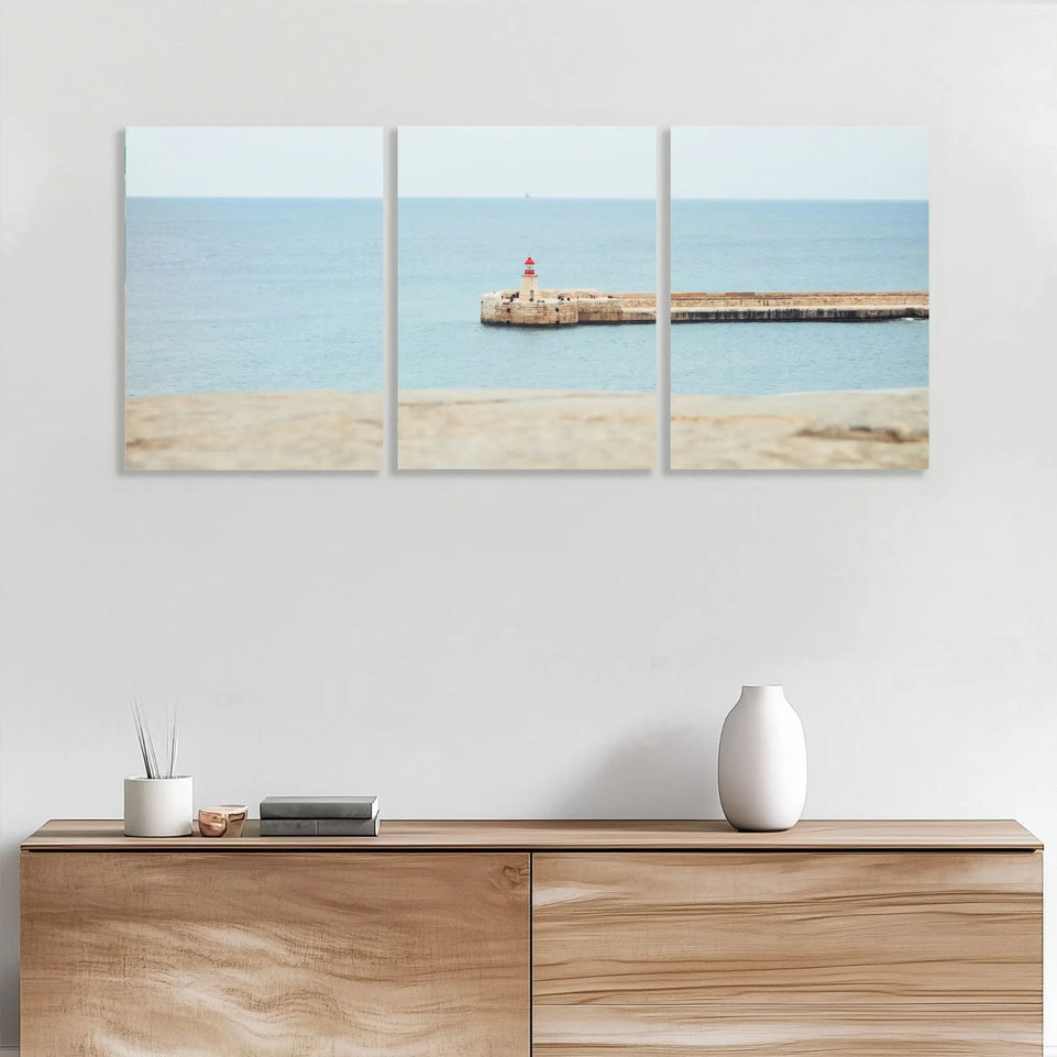 Coastal Lighthouse Canvas Print - Triptych Wall Art | Serene Ocean View with Lighthouse | 3-Panel Split Canvas Decor June Wall Art