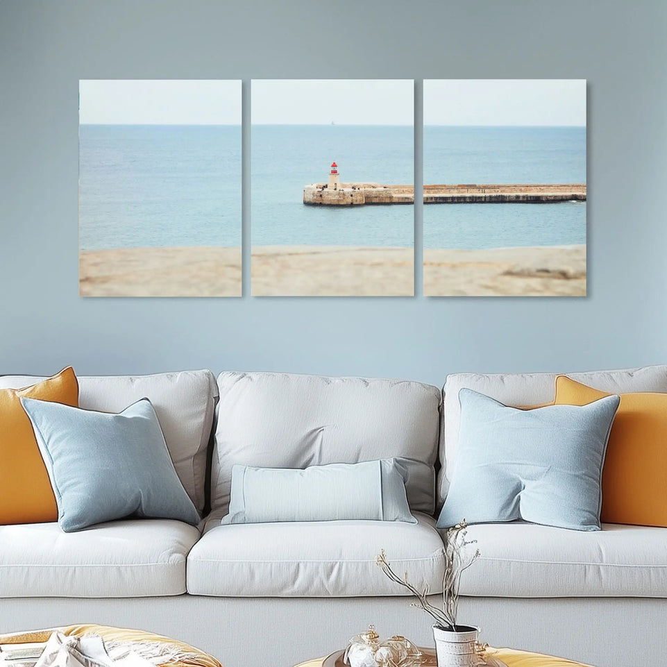 Coastal Lighthouse Canvas Print - Triptych Wall Art | Serene Ocean View with Lighthouse | 3-Panel Split Canvas Decor June Wall Art