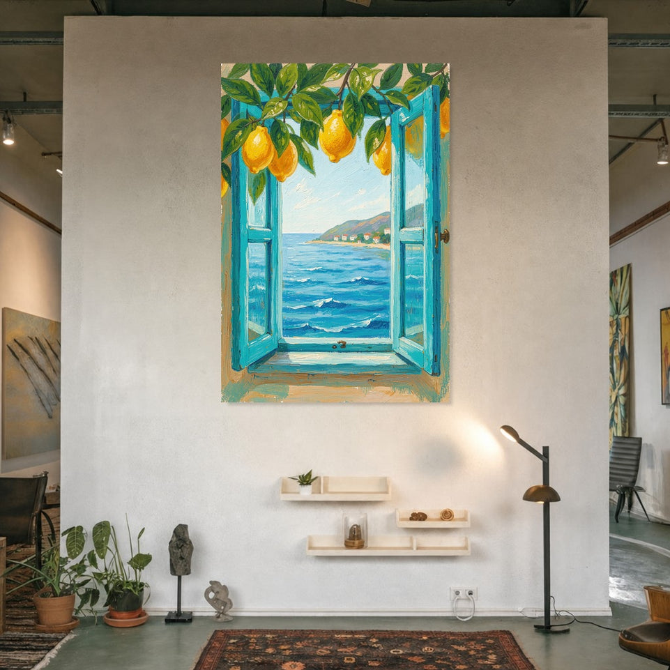 Lemon Tree View Canvas Art Print Art Wall Art Wooden Frame Coastal Scenery with Blue Window and Ocean Waves for Kitchen or Dining Room Decor Modern Abstract Home Decor Framed Canvas Painting Ready to Hang Artwork Living Room Bedroom Office Wall Decor