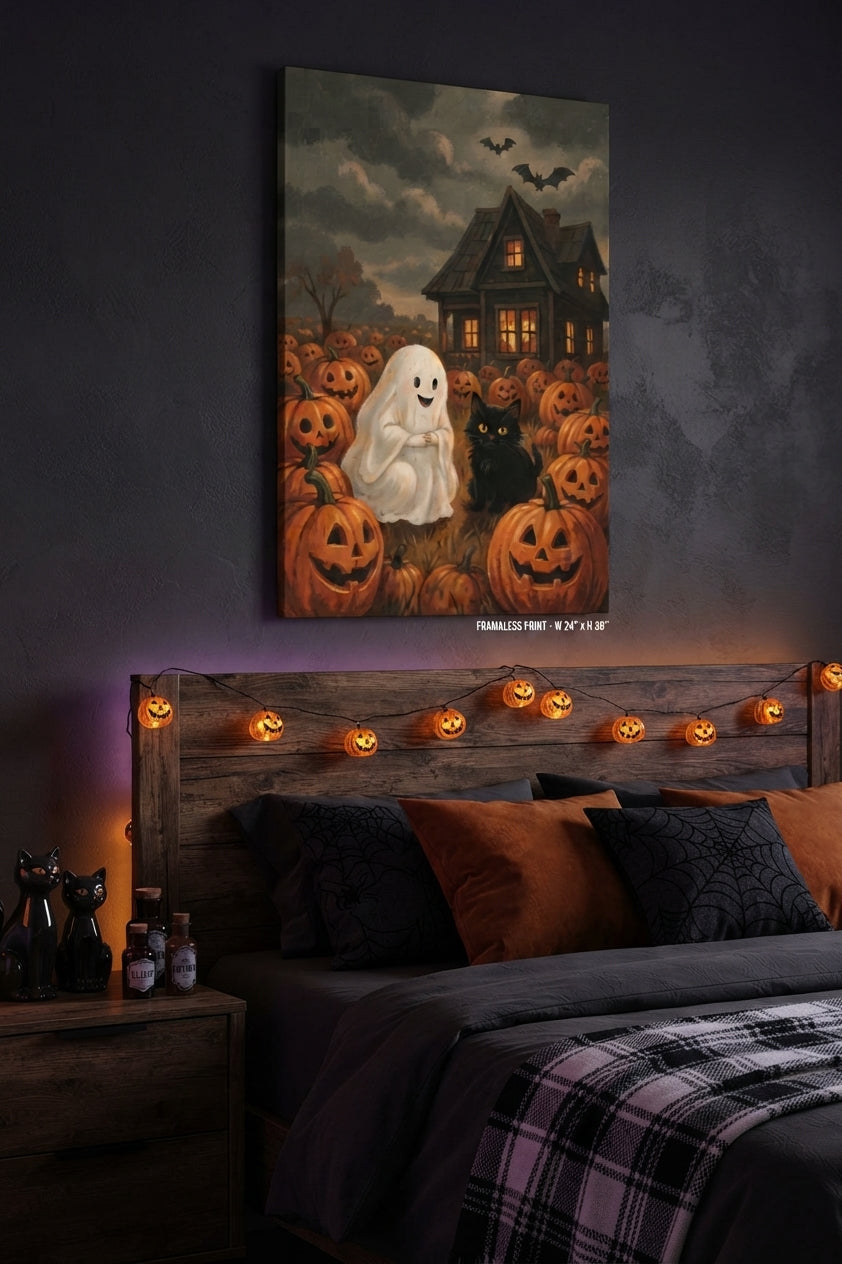 Charming Ghost and Cat in Pumpkin Patch Canvas Art Print Art Wall Art Wooden Frame for Halloween Decor Living Room or Kids Room Modern Abstract Home Decor Framed Canvas Painting Ready to Hang Artwork Living Room Bedroom Office Wall Decor