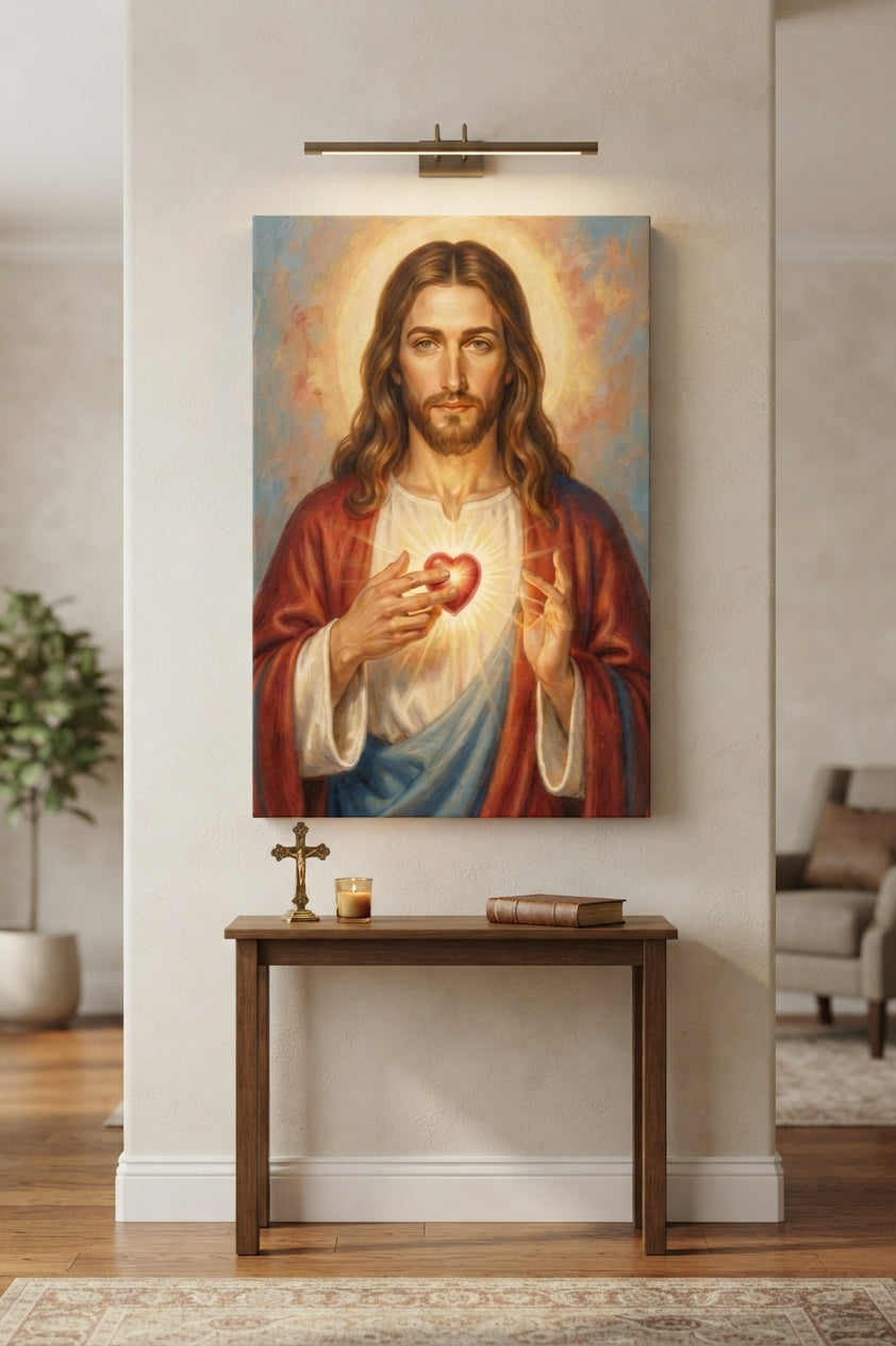 Sacred Heart Portrait Canvas Art Print Art Wall Art Wooden Frame Spiritual Home Decor for Living Room Bedroom Church Modern Abstract Home Decor Framed Canvas Painting Ready to Hang Artwork Living Room Bedroom Office Wall Decor