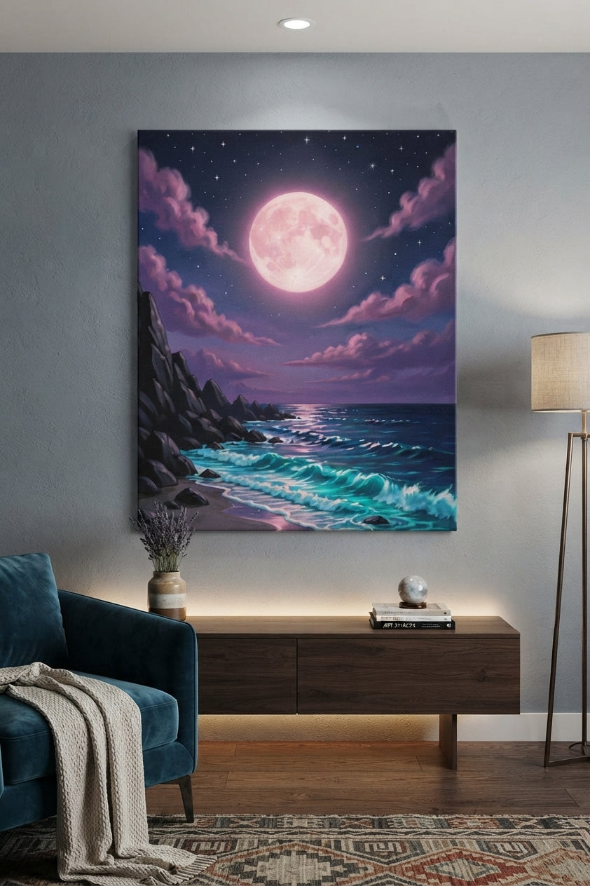 Moonlit Ocean Canvas Art Print Art Wall Art Wooden Frame Serene Coastal Design for Bedroom Living Room Office Meditation Space Decor Ready to Hang Artwork Modern Abstract Home Decor Framed Canvas Painting Living Room Bedroom Office Wall Decor