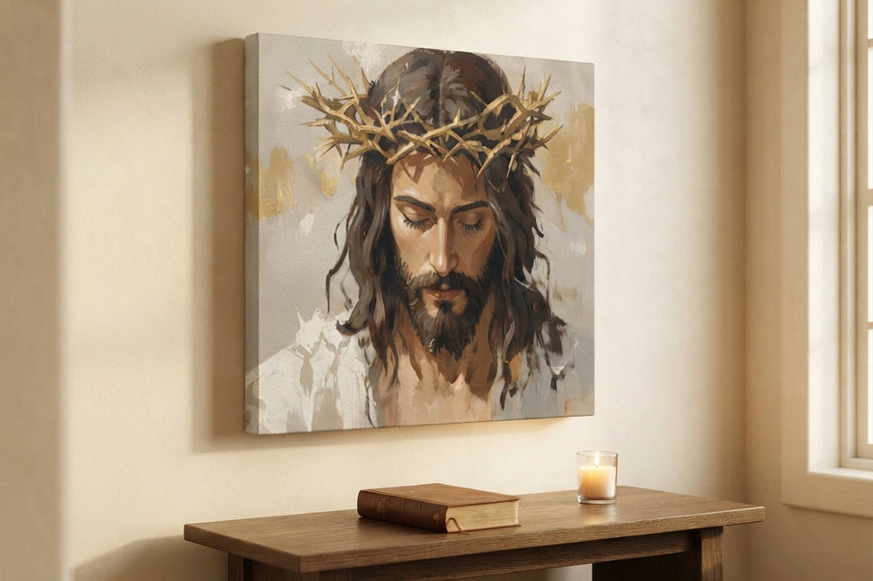 Emotional Jesus Crowned Canvas Art Print Art Wall Art Wooden Frame for Religious Home Decor Living Room Spiritual Reflection Modern Abstract Home Decor Framed Canvas Painting Ready to Hang Artwork Living Room Bedroom Office Wall Decor