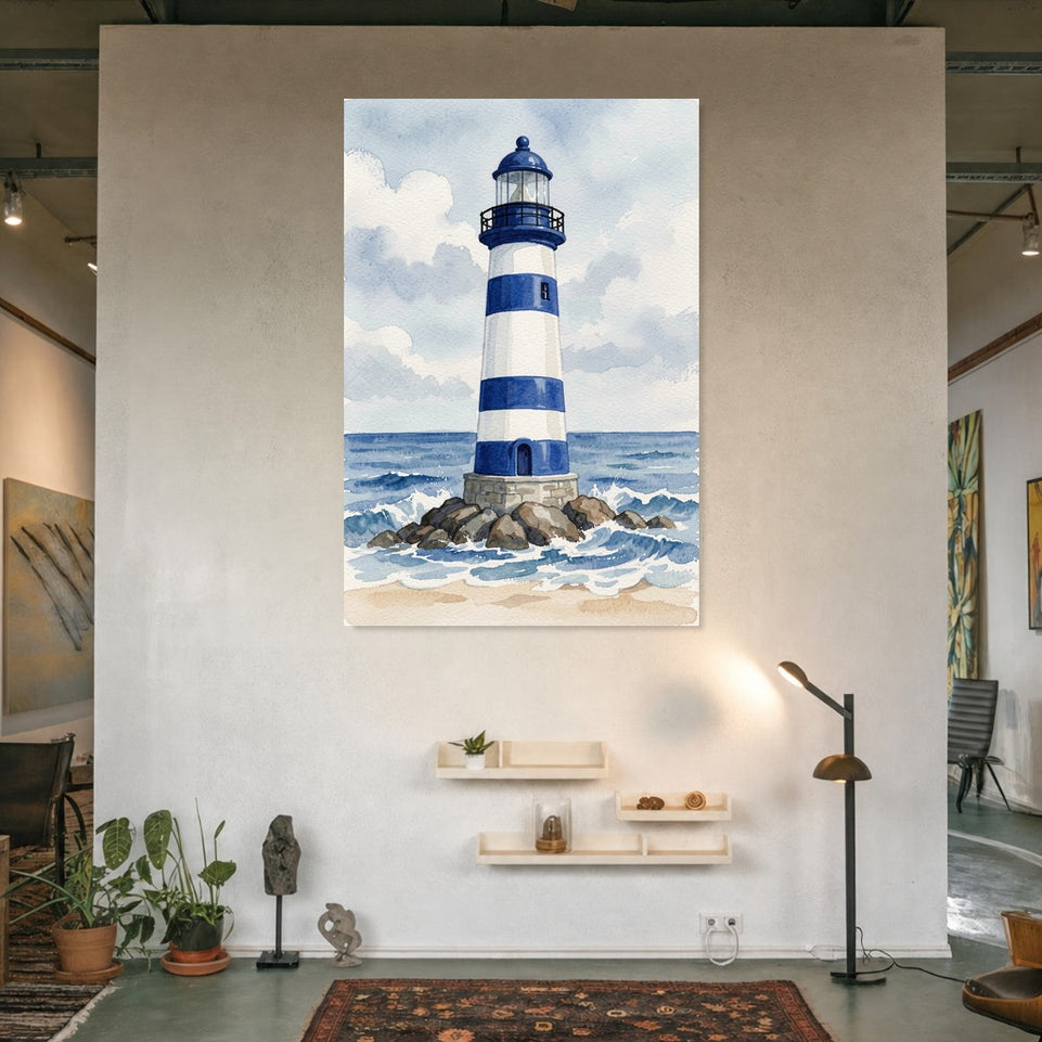 Blue and White Lighthouse Canvas Art Print Art Wall Art Wooden Frame Coastal Serenity for Beach House Decor, Nautical Style, Ocean Vibes Modern Abstract Home Decor Framed Canvas Painting Ready to Hang Artwork Living Room Bedroom Office Wall Decor