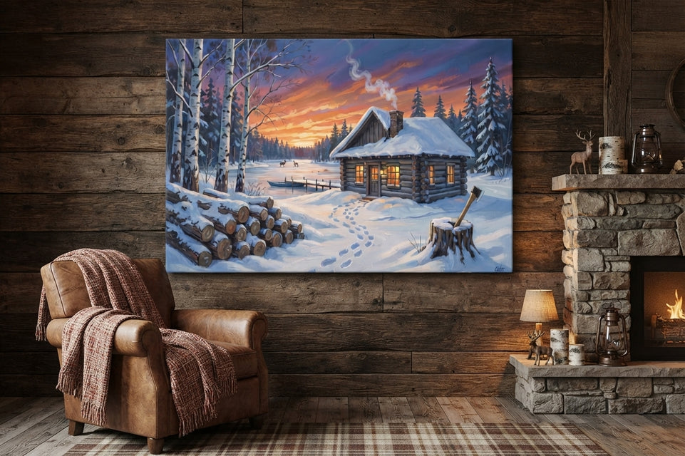 Cozy Winter Cabin Scene Canvas Art Print Art Wall Art Wooden Frame for Rustic Home Decor Living Room Bedroom Modern Abstract Home Decor Framed Canvas Painting Ready to Hang Artwork Living Room Bedroom Office Wall Decor Premium Poster Print for Home