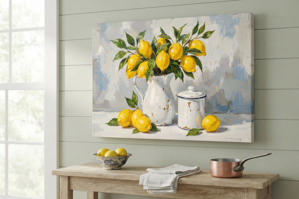 Lush Lemon Bouquet Canvas Art Print Art Wall Art Wooden Frame for Kitchen Dining Room Decor, Bright Yellow Citrus Still Life with White Pitcher and Leaves Modern Abstract Home Decor Framed Canvas Painting Ready to Hang Artwork