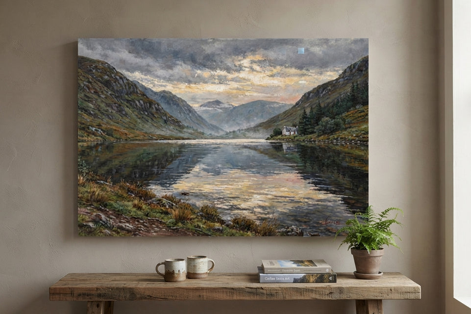 Mountain Landscape Canvas Art Print Art Wall Art Wooden Frame - Serene River Reflection with Rustic Cabin and Majestic Peaks Modern Abstract Home Decor Framed Canvas Painting Ready to Hang Artwork Living Room Bedroom Office Wall Decor