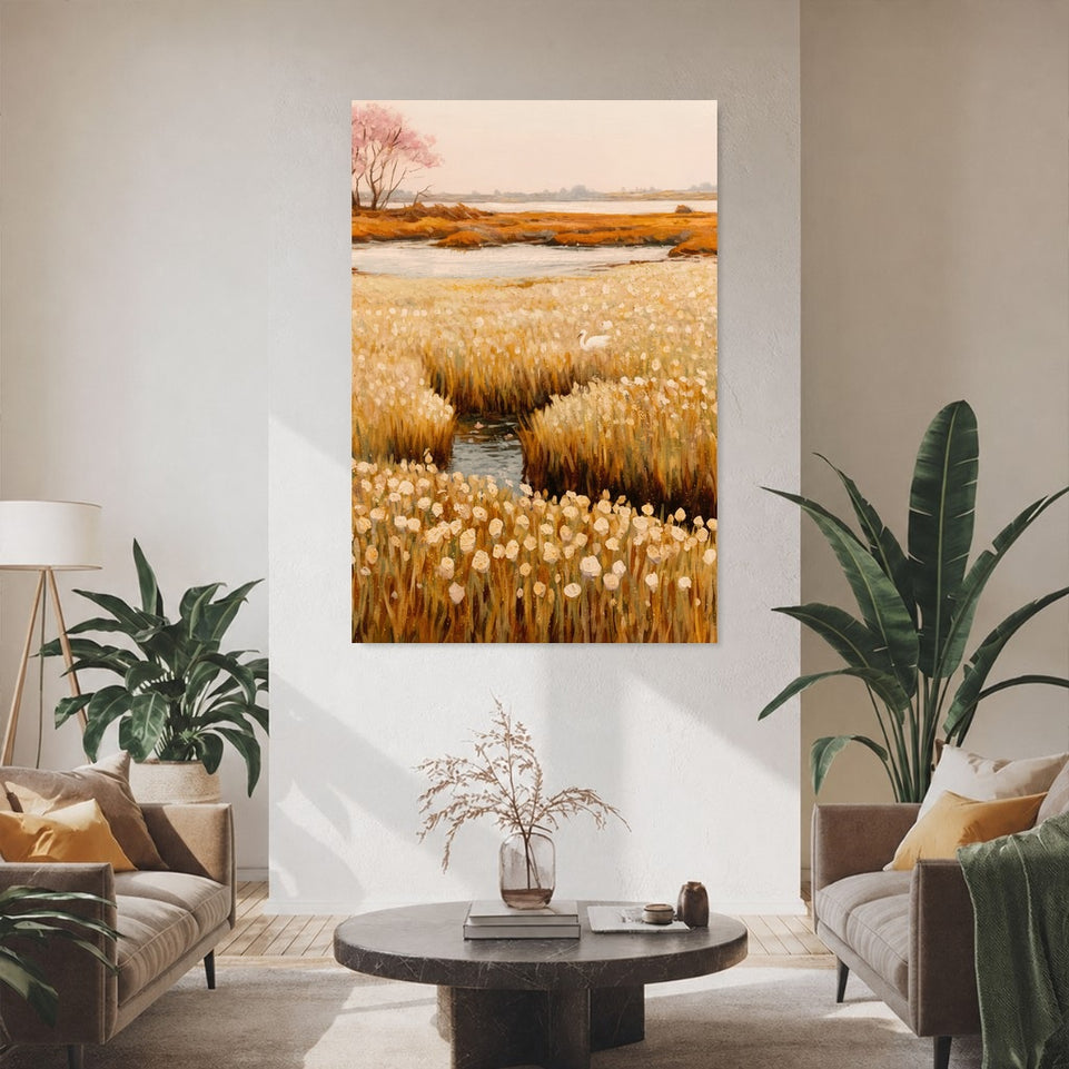 Serene Nature Retreat Canvas Art Print Art Wall Art Wooden Frame - Tranquil Landscape with Soft Pastels and Gentle Water Reflections for Relaxing Home Decor Modern Abstract Home Decor Framed Canvas Painting Ready to Hang Artwork