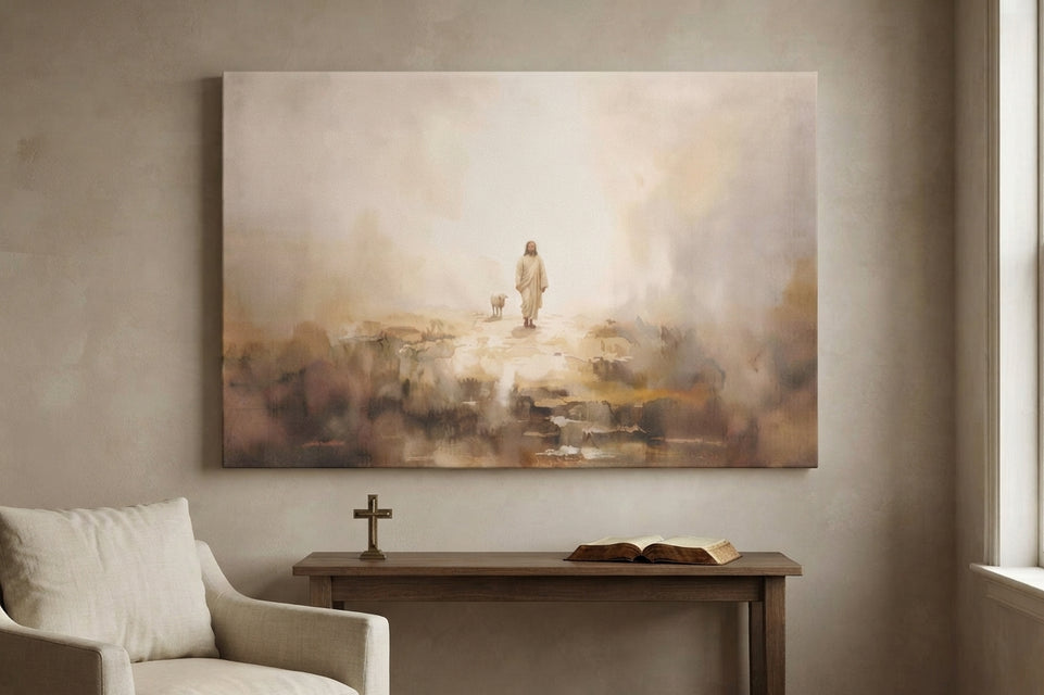 Serene Journey with Companion Canvas Art Print Art Wall Art Wooden Frame for Spiritual Home Decor, Tranquil Living Room Wall Decoration, Inspirational Faith Artwork Modern Abstract Home Decor Framed Canvas Painting Ready to Hang Artwork