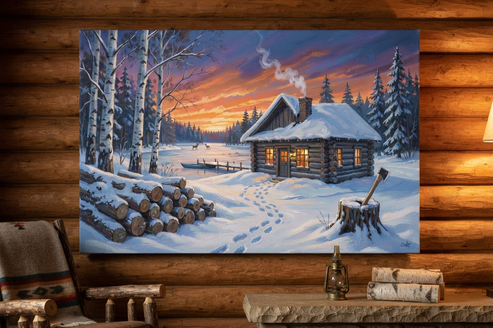Cozy Winter Cabin Scene Canvas Art Print Art Wall Art Wooden Frame for Rustic Home Decor Living Room Bedroom Modern Abstract Home Decor Framed Canvas Painting Ready to Hang Artwork Living Room Bedroom Office Wall Decor Premium Poster Print for Home