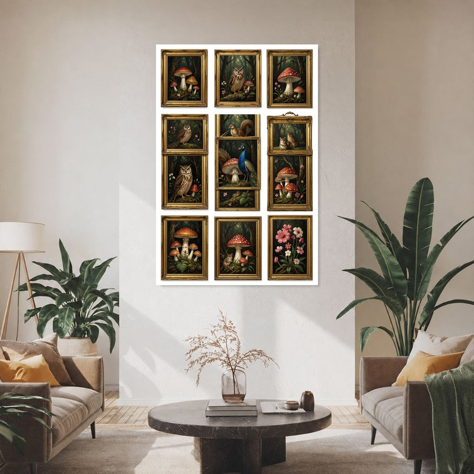 Enchanting Woodland Creatures Canvas Art Print Art Wall Art Wooden Frame - Vibrant Nature Scenes with Owls, Squirrels, and Mushrooms for Living Room Decor, Cozy Cabin Aesthetic Modern Abstract Home Decor Framed Canvas Painting Ready to Hang Artwork