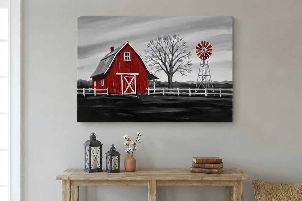 Rustic Red Barn Canvas Art Print Art Wall Art Wooden Frame Farmhouse Decor for Living Room, Kitchen, and Office Spaces Modern Abstract Home Decor Framed Canvas Painting Ready to Hang Artwork Living Room Bedroom Office Wall Decor