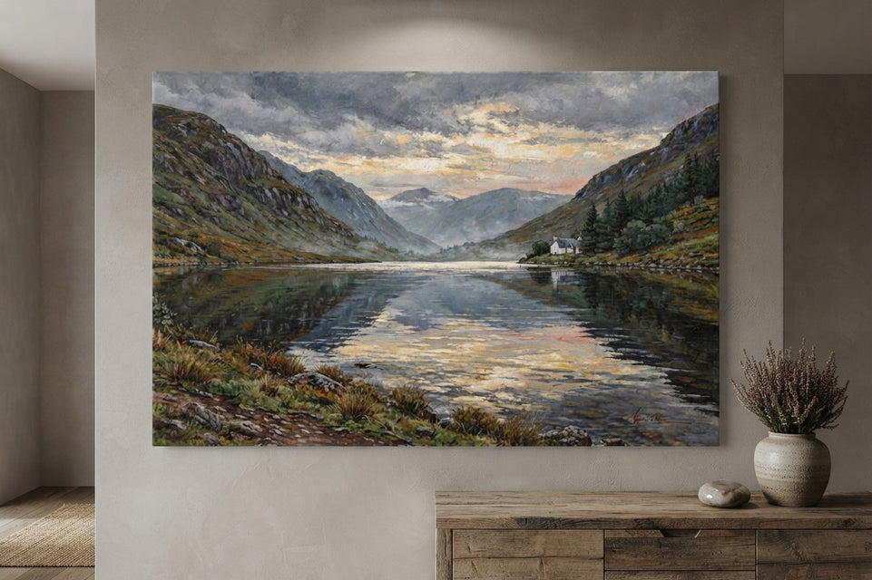 Mountain Landscape Canvas Art Print Art Wall Art Wooden Frame - Serene River Reflection with Rustic Cabin and Majestic Peaks Modern Abstract Home Decor Framed Canvas Painting Ready to Hang Artwork Living Room Bedroom Office Wall Decor