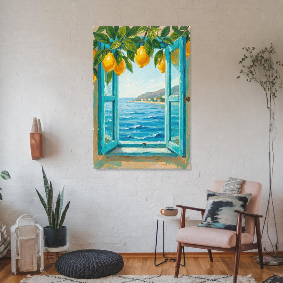 Lemon Tree View Canvas Art Print Art Wall Art Wooden Frame Coastal Scenery with Blue Window and Ocean Waves for Kitchen or Dining Room Decor Modern Abstract Home Decor Framed Canvas Painting Ready to Hang Artwork Living Room Bedroom Office Wall Decor