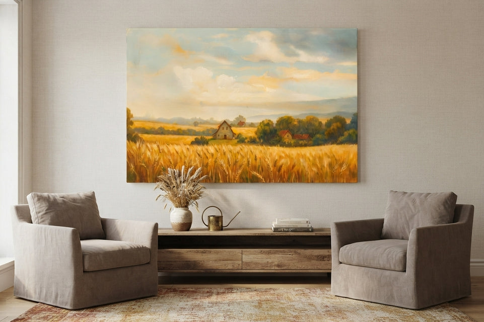 Golden Wheat Field Landscape Canvas Art Print Art Wall Art Wooden Frame, Rustic Farmhouse Decor, Country Home Aesthetic, Nature Inspired Wall Decor Modern Abstract Home Decor Framed Canvas Painting Ready to Hang Artwork Premium Poster Print for Home