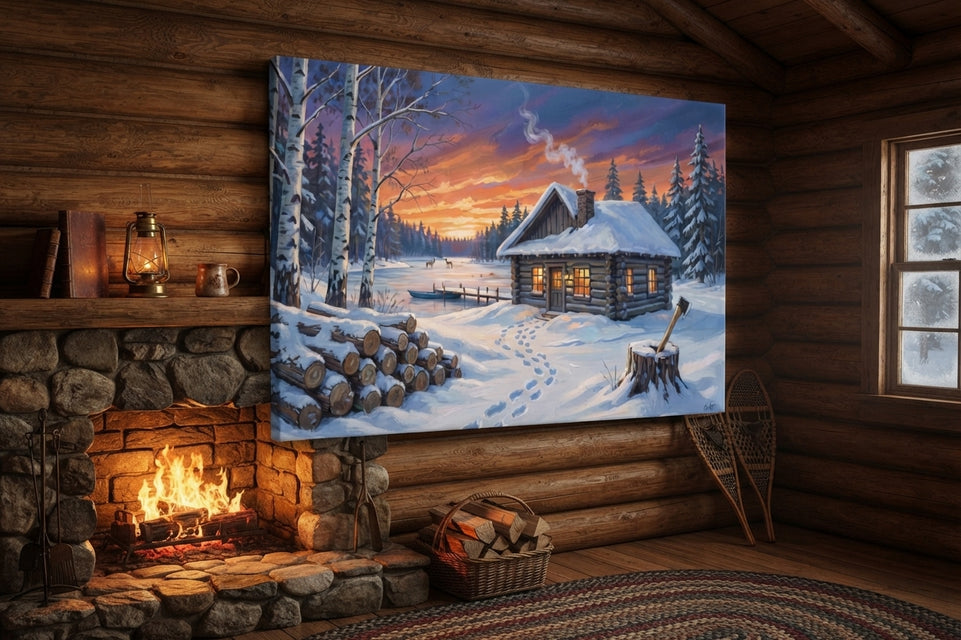 Cozy Winter Cabin Scene Canvas Art Print Art Wall Art Wooden Frame for Rustic Home Decor Living Room Bedroom Modern Abstract Home Decor Framed Canvas Painting Ready to Hang Artwork Living Room Bedroom Office Wall Decor Premium Poster Print for Home