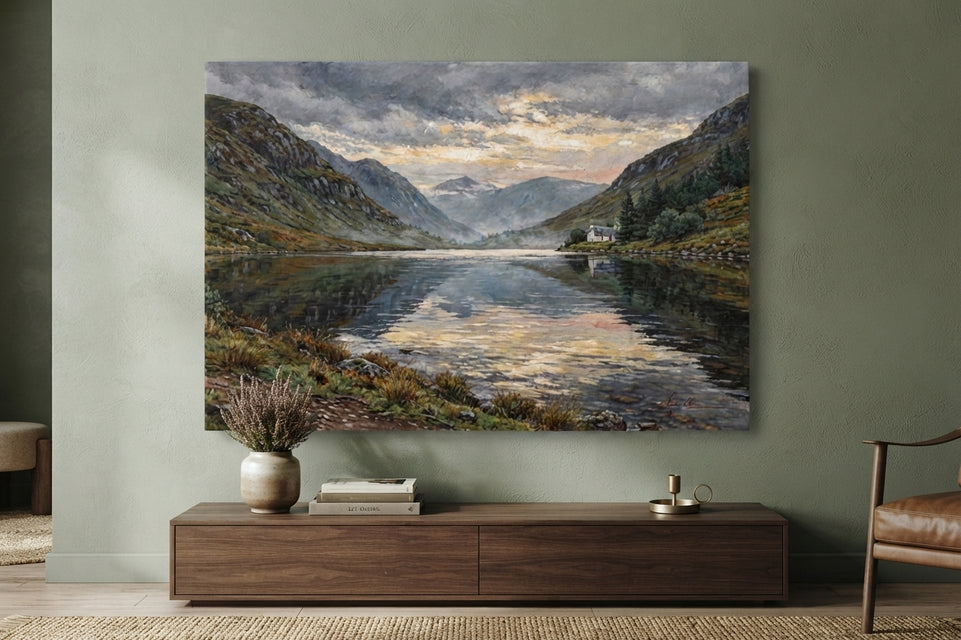 Mountain Landscape Canvas Art Print Art Wall Art Wooden Frame - Serene River Reflection with Rustic Cabin and Majestic Peaks Modern Abstract Home Decor Framed Canvas Painting Ready to Hang Artwork Living Room Bedroom Office Wall Decor