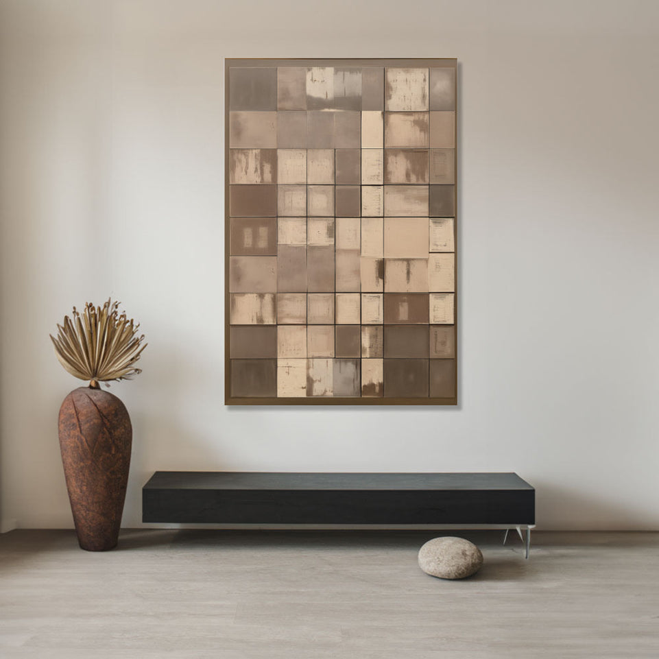 Abstract Grid I - Brown and Beige Squares Canvas Art for Home Decor June Wall Art