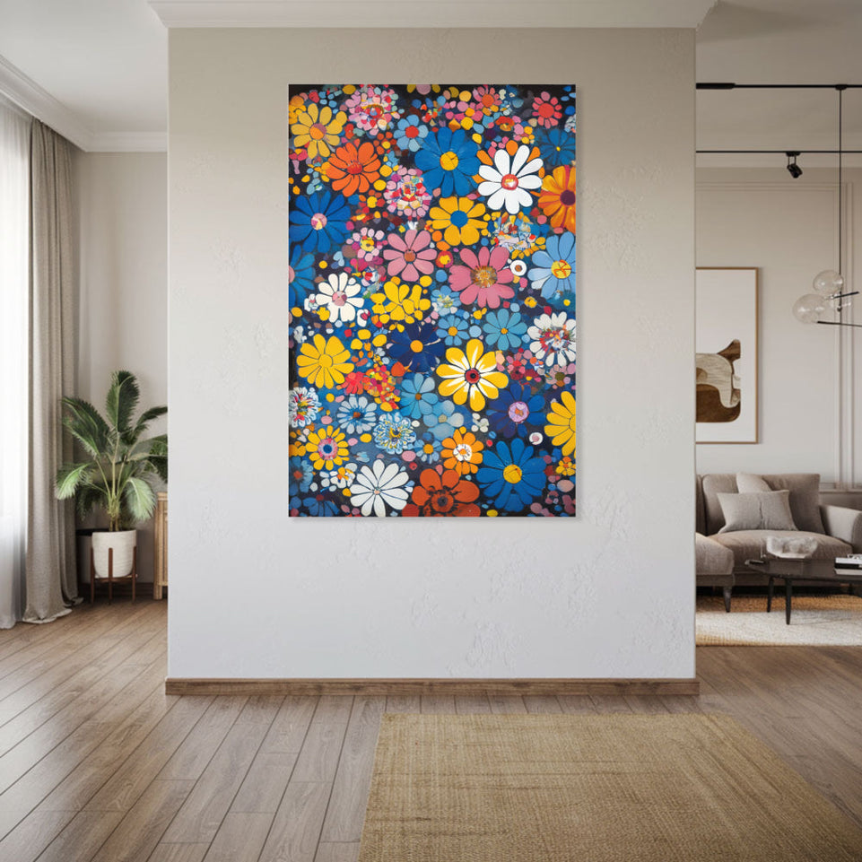 Floral Symphony in Blue and Orange Garden Wall Art June Wall Art