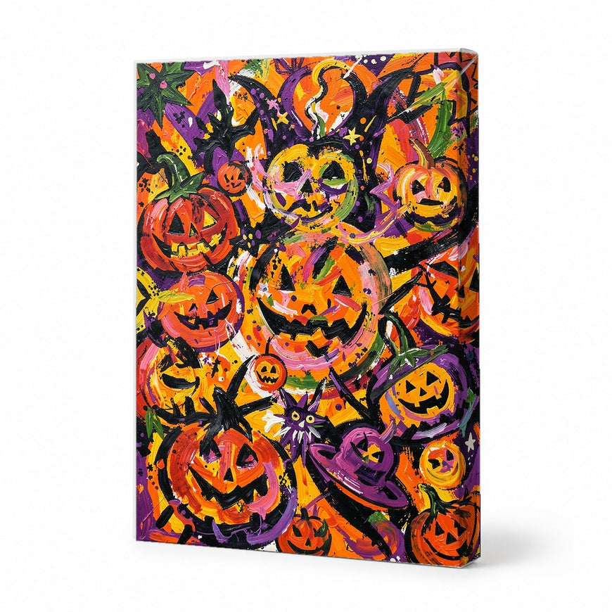 Vibrant Halloween Pumpkins Canvas Art Print Art Wall Art Wooden Frame | Colorful Seasonal Decor for Living Room, Bedroom, or Office | Perfect for Fall Celebrations Modern Abstract Home Decor Framed Canvas Painting Ready to Hang Artwork