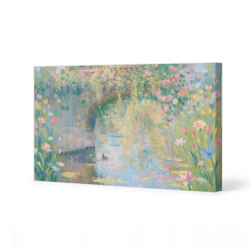 Serene Floral Bridge Canvas Art Print Art Wall Art Wooden Frame for Living Room, Bedroom, or Office Décor with Soft Pastel Colors and Nature Theme Modern Abstract Home Decor Framed Canvas Painting Ready to Hang Artwork Premium Poster Print for Home