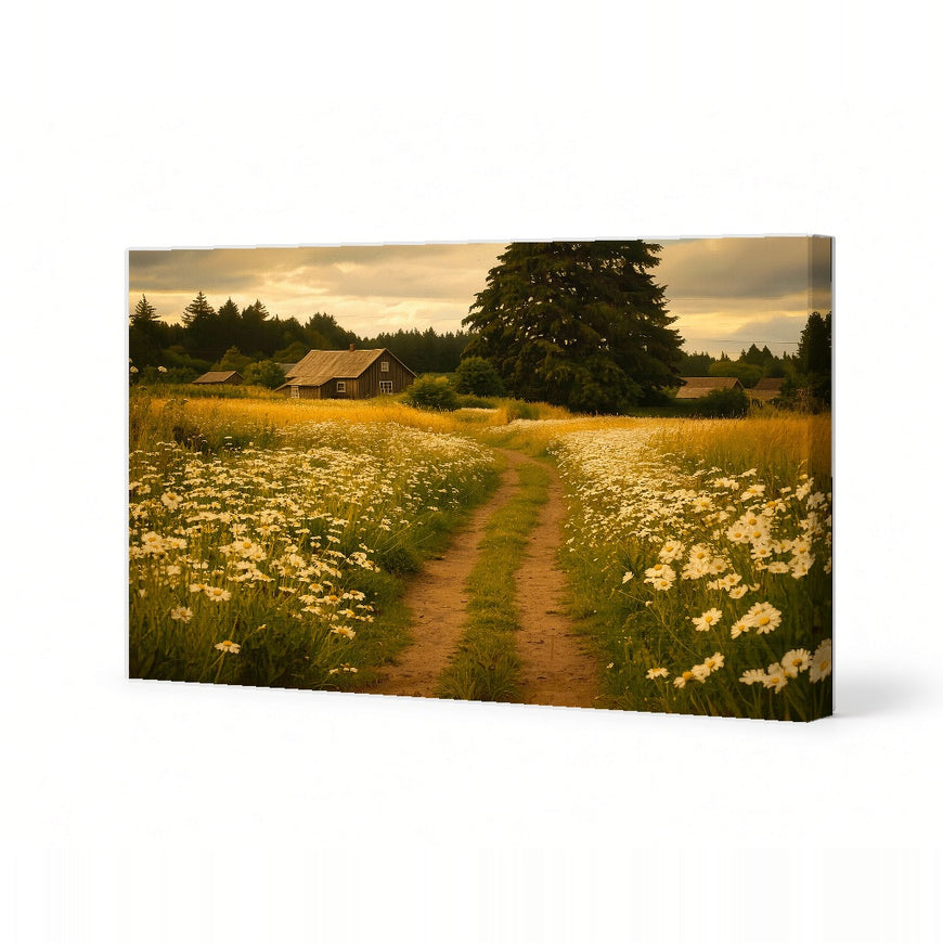 Serene Country Landscape with Wildflowers and Rustic Cabin Canvas Art Print Art Wall Art Wooden Frame, Ideal for Living Room and Bedroom Decor Modern Abstract Home Decor Framed Canvas Painting Ready to Hang Artwork Living Room Bedroom Office Wall Decor