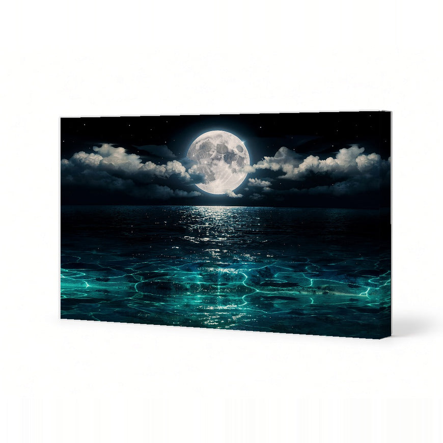 Moonlit Ocean Canvas Art Print Art Wall Art Wooden Frame - Serene Night Sky, Tranquil Seascape, Perfect for Living Room or Bedroom Decor Modern Abstract Home Decor Framed Canvas Painting Ready to Hang Artwork Living Room Bedroom Office Wall Decor