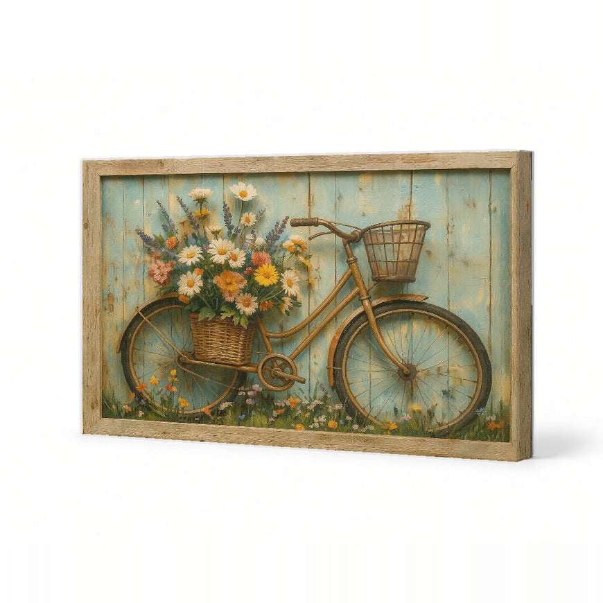 Charming Bicycle with Flowers Canvas Art Print Art Wall Art Wooden Frame for Rustic Decor, Farmhouse Vibes, Floral Aesthetic, Garden Inspired Wall Art Modern Abstract Home Decor Framed Canvas Painting Ready to Hang Artwork Premium Poster Print for Home
