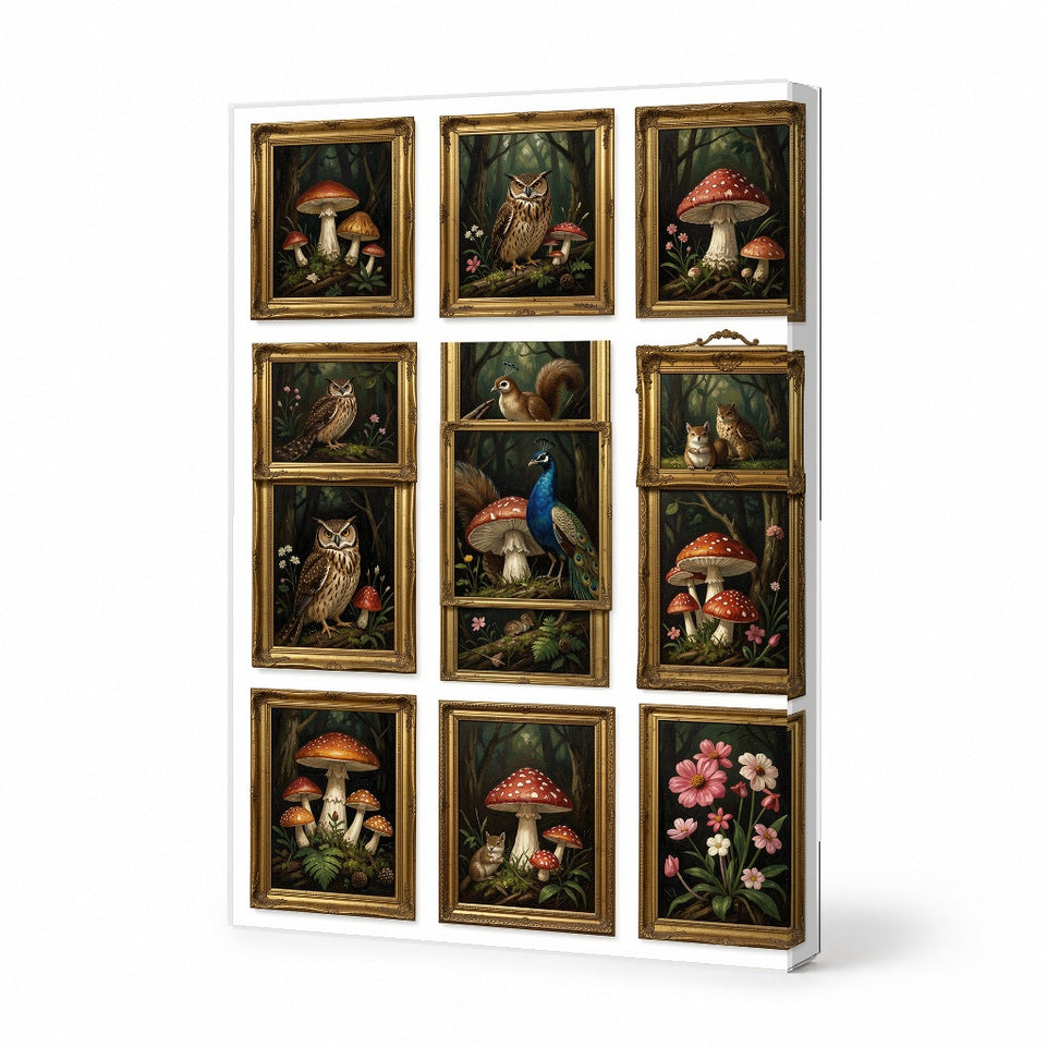 Enchanting Woodland Creatures Canvas Art Print Art Wall Art Wooden Frame - Vibrant Nature Scenes with Owls, Squirrels, and Mushrooms for Living Room Decor, Cozy Cabin Aesthetic Modern Abstract Home Decor Framed Canvas Painting Ready to Hang Artwork
