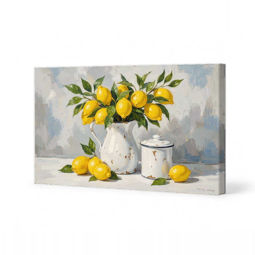 Lush Lemon Bouquet Canvas Art Print Art Wall Art Wooden Frame for Kitchen Dining Room Decor, Bright Yellow Citrus Still Life with White Pitcher and Leaves Modern Abstract Home Decor Framed Canvas Painting Ready to Hang Artwork
