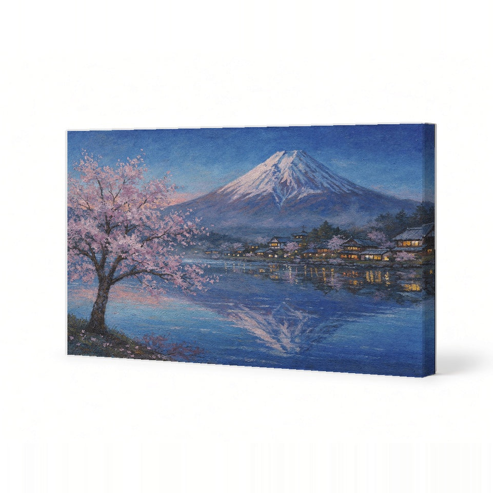 Serene Mount Fuji Canvas Art Print Art Wall Art Wooden Frame - Tranquil Cherry Blossoms Reflecting on Water, Japanese Landscape for Living Room, Bedroom, or Office Decor Modern Abstract Home Decor Framed Canvas Painting Ready to Hang Artwork