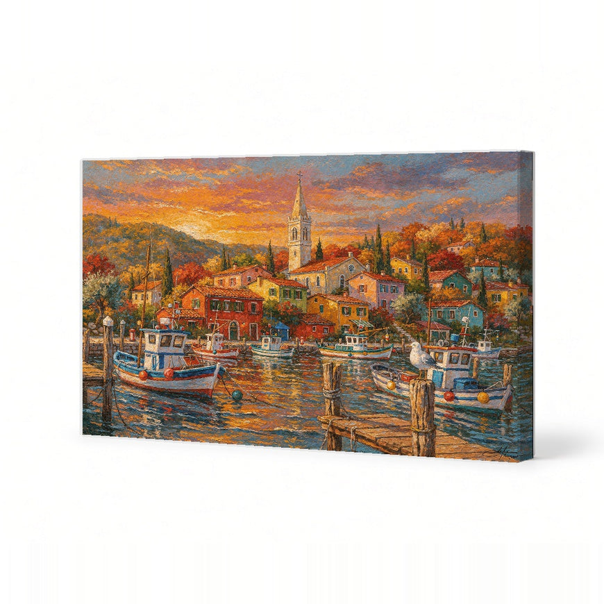 Vibrant Harbor Sunset Canvas Art Print Art Wall Art Wooden Frame - Colorful Boats and Charming Waterfront Scene for Living Room, Bedroom, Office Decor Modern Abstract Home Decor Framed Canvas Painting Ready to Hang Artwork Premium Poster Print for Home