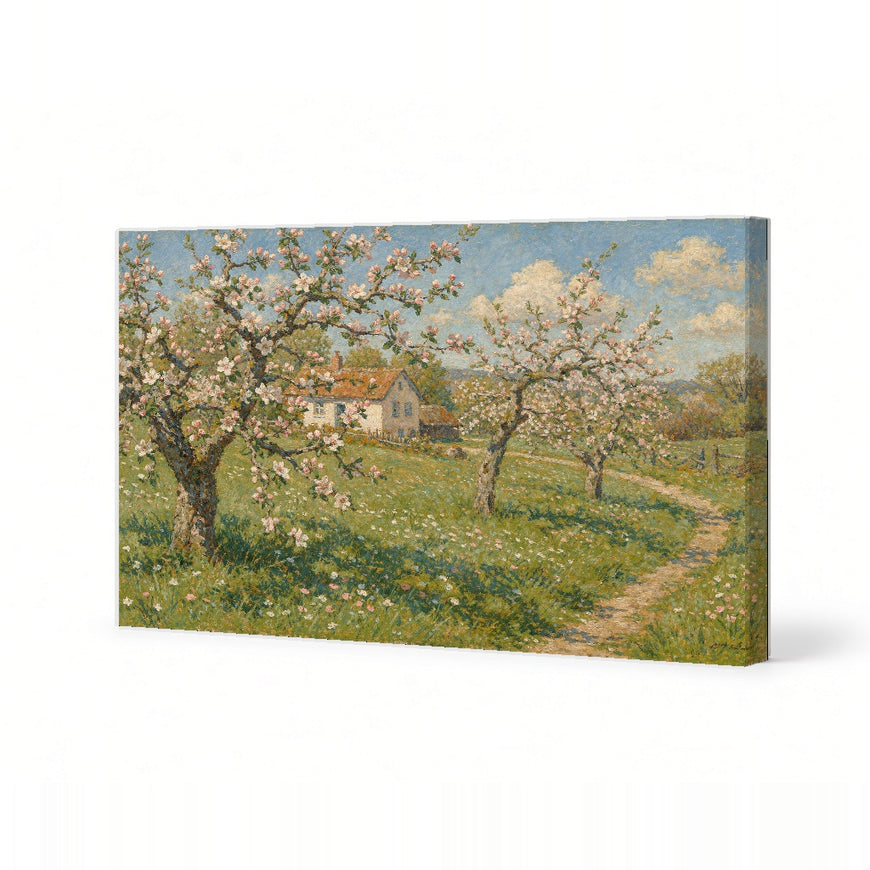 Blossoming Apple Trees Canvas Art Print Art Wall Art Wooden Frame - Vibrant Spring Landscape with Flowers and Charming Cottage for Home Decor or Office Modern Abstract Home Decor Framed Canvas Painting Ready to Hang Artwork Premium Poster Print for Home
