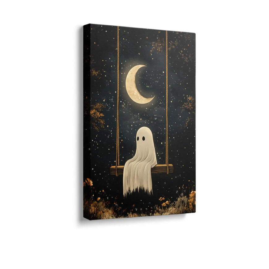 Ghost on Swing Canvas Print - Whimsical Halloween Wall Art for Spooky Home Deco June Wall Art
