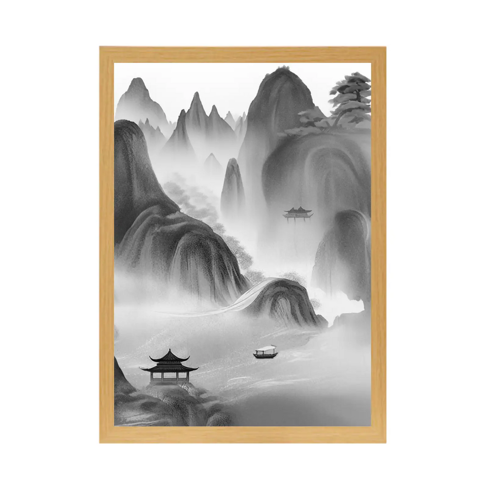 Landscape Ink Wash Light Up Painting – Traditional Mountain Scenery in Wooden Frame June Wall Art