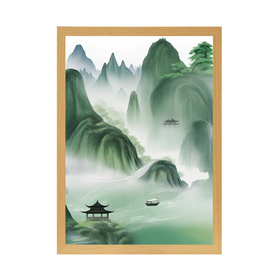 Landscape Ink Wash Light Up Painting – Traditional Mountain Scenery in Wooden Frame June Wall Art