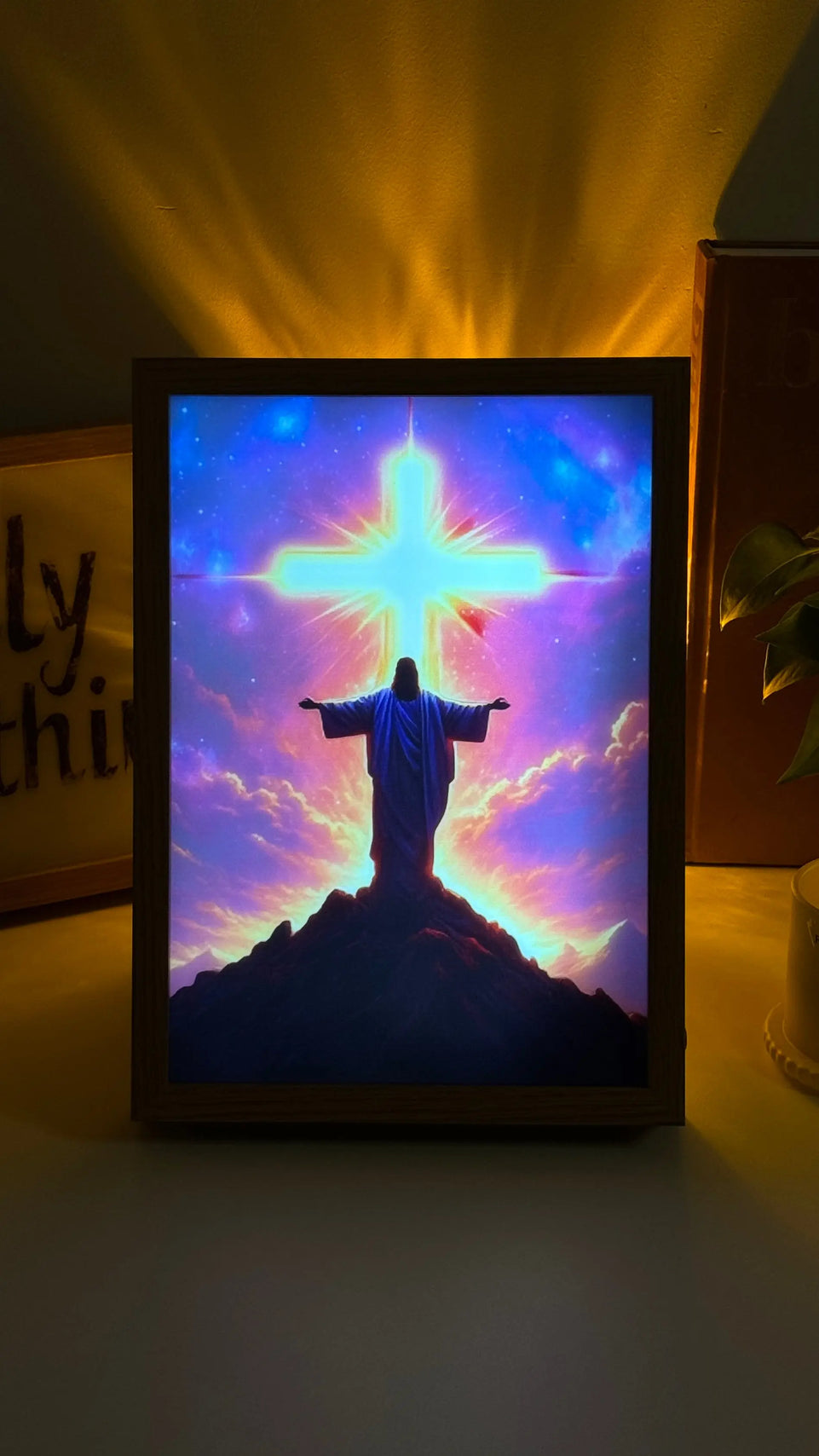 Radiant Christ with Glowing Cross on Mountain - Inspirational Christian Painting Lamp June Wall Art