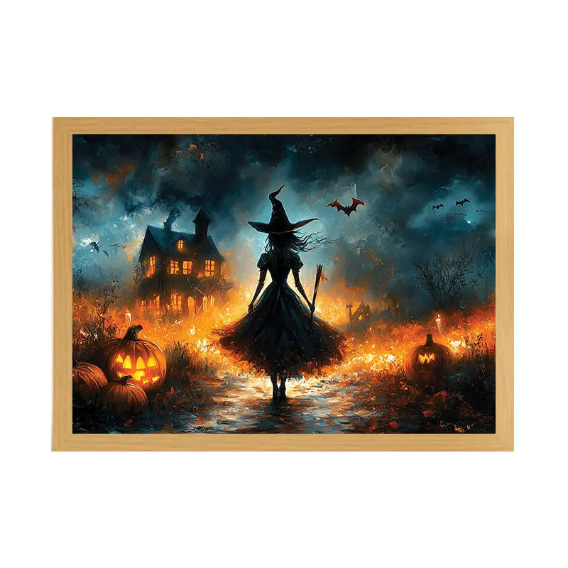 Witch’s Night Light Up Painting – Spooky Halloween Framed Wall Art for Home Decor June Wall Art